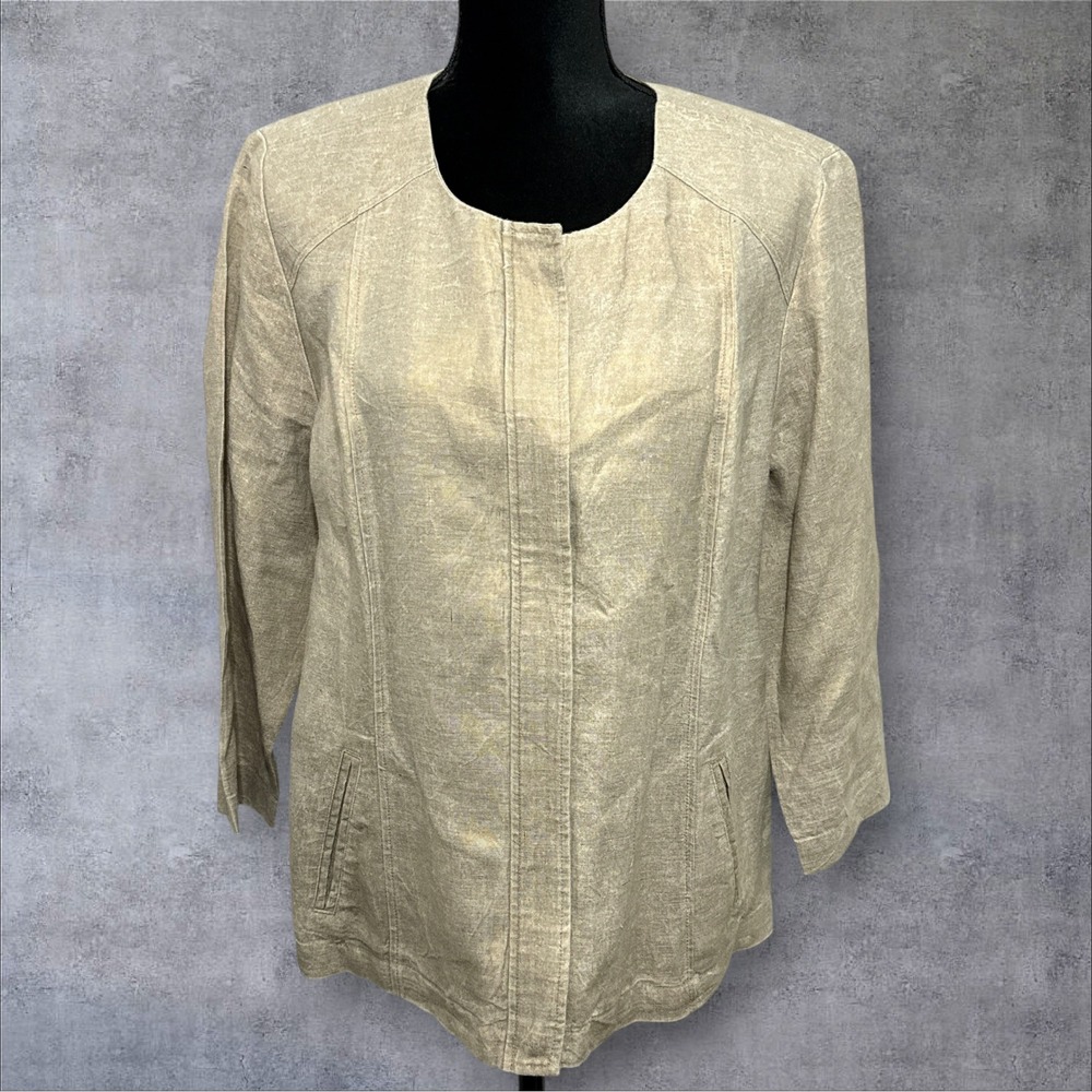 Chico's Linen Jacket Womens 2 Large Gold Metallic Shimmer Zip Front 3/4 Sleeve